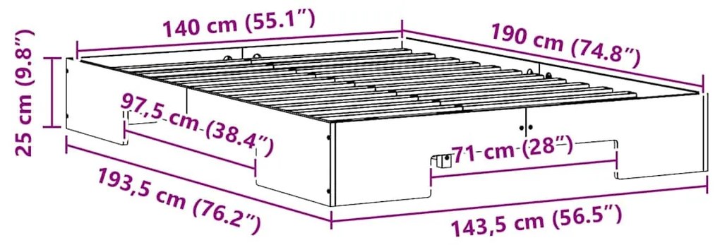 vidaXL Földi ágykeret tárolóval Barna 140 x 190 cm Tömör fenyőfa