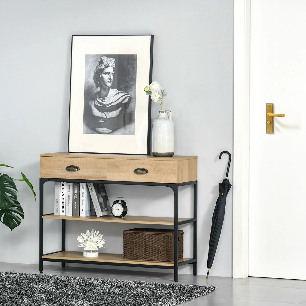 HOMCOM Konzol Asztal Előszobai Asztal 2 Fiókkal és 2 Polccal Acél Váz Előszobai Bútor 100x35x79.2 cm Tölgy | Aosom