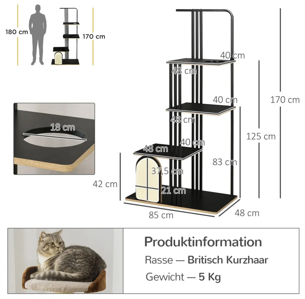 Macskakaparó 170 cm magas, párnával, 3 platform, fekete acél macskabútor