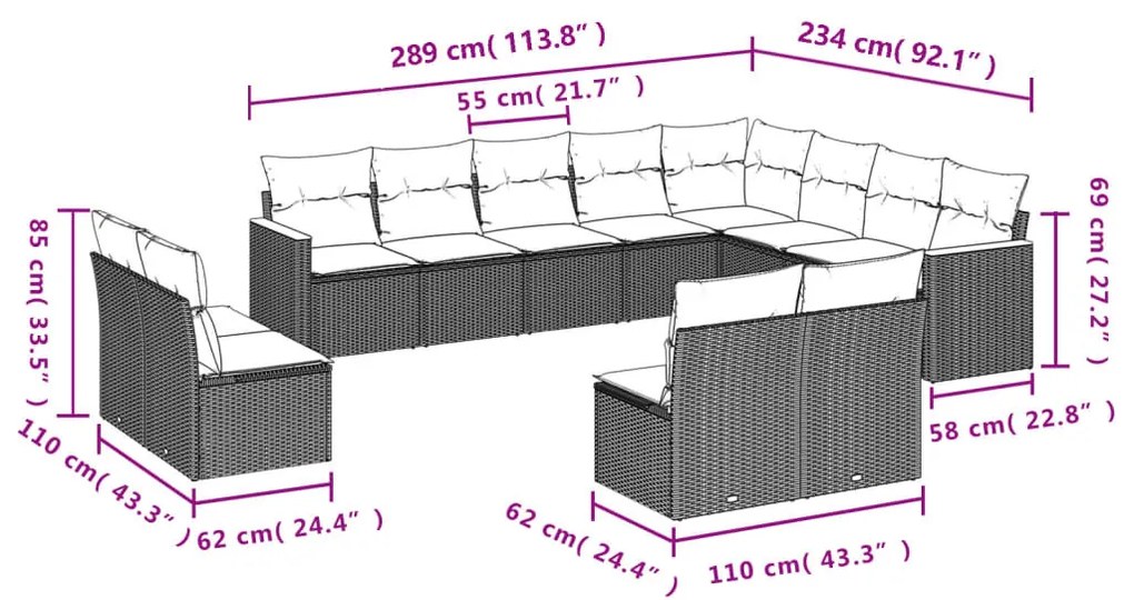 12 részes fekete polyrattan kerti ülőgarnitúra párnákkal