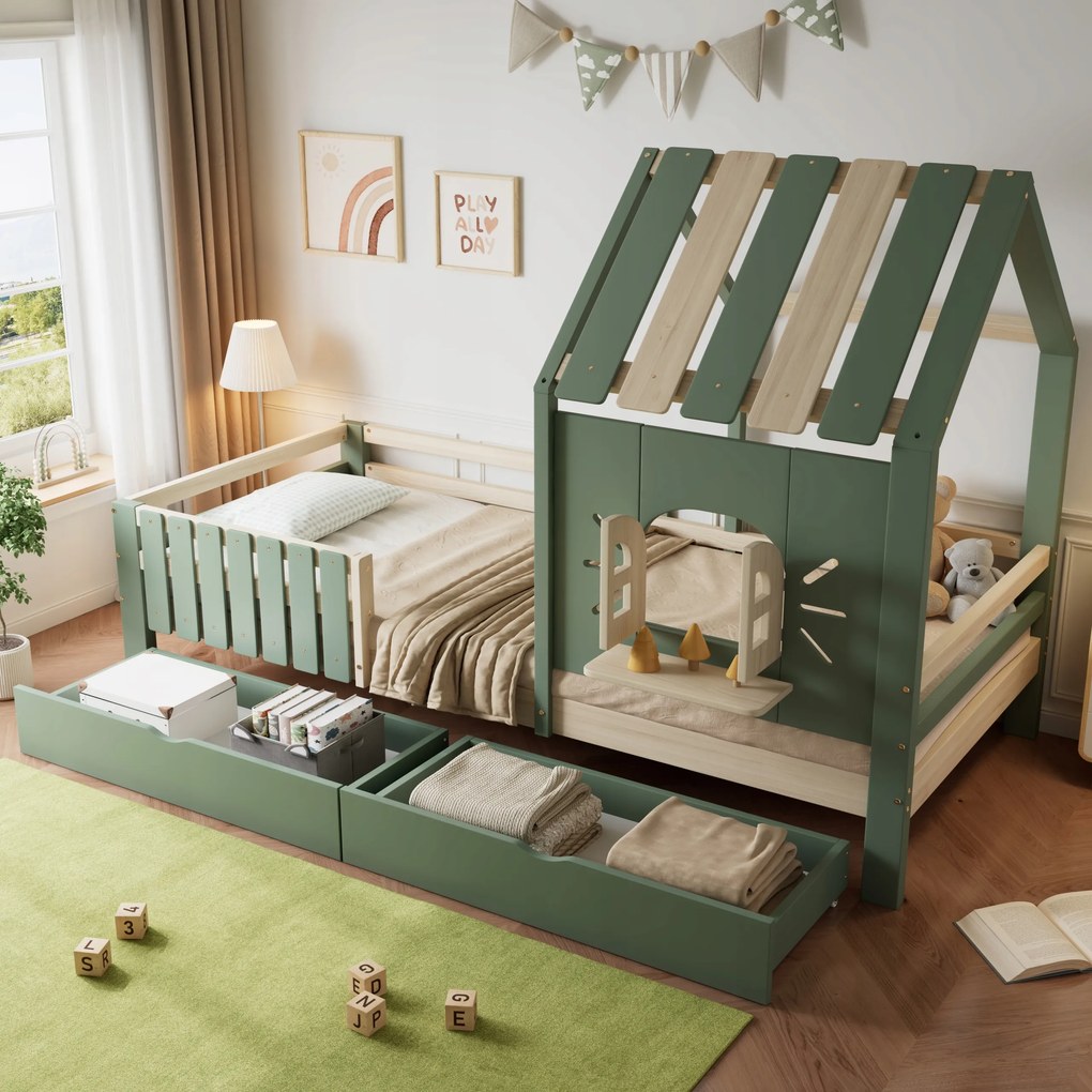 Gyerekágy egyszemélyes ágy házikó ágy 90x200cm 2 fiókkal zöld