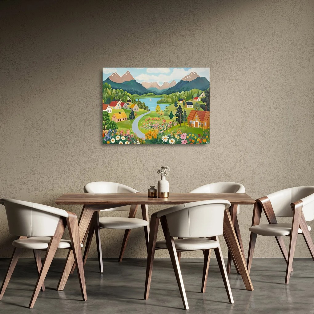 Üveg Üveg kép - Falu a hegyekben (70x50 cm)