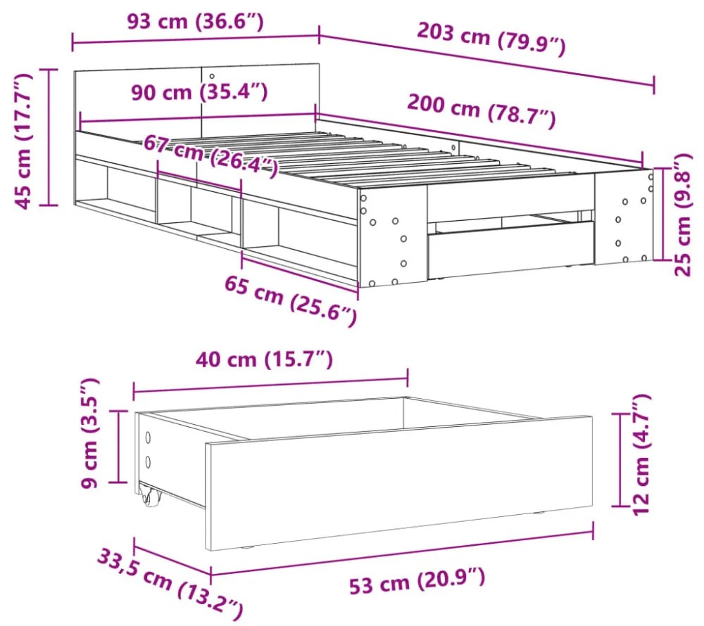 barna tölgyszínű szerelt fa ágykeret fiókkal 90 x 200 cm