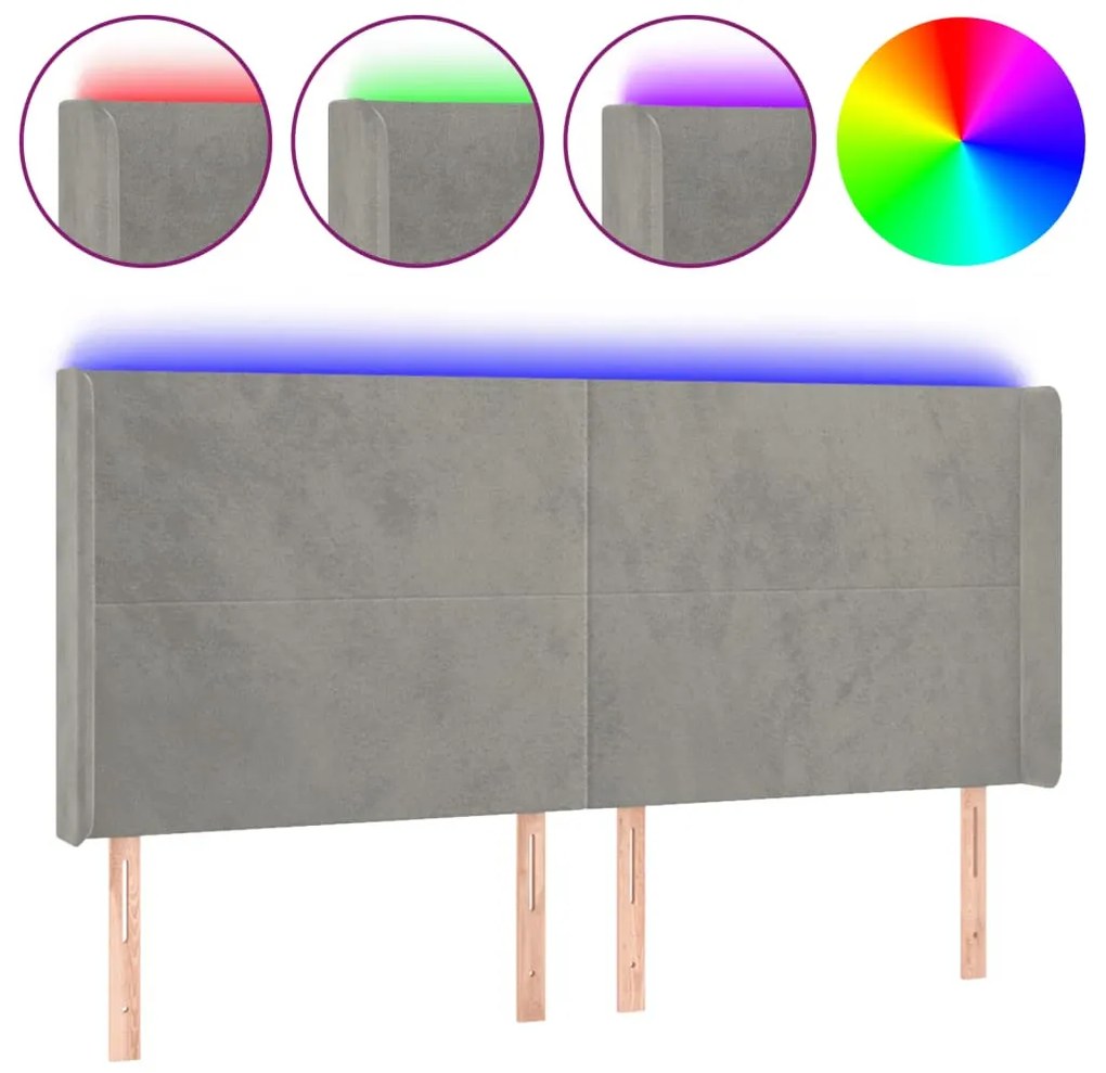 világosszürke bársony LED-es fejtámla 163x16x118/128 cm