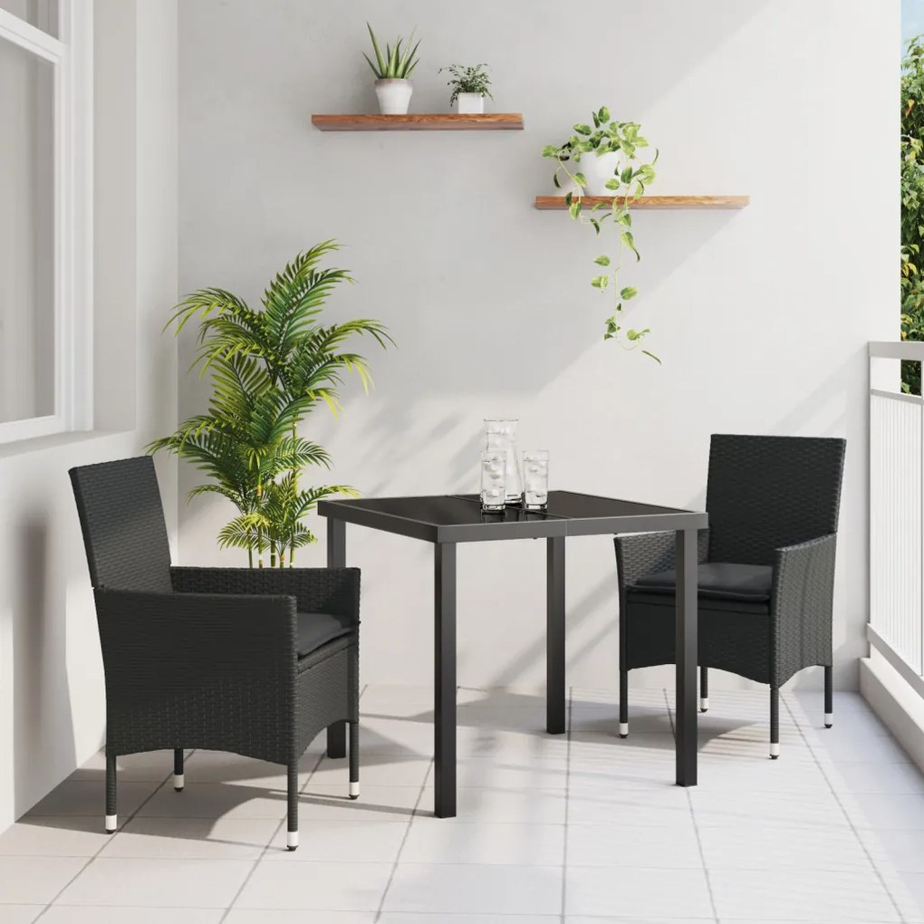 3 Részes Kert Étkezőszett párnákkal Fekete Polirattan, Kert Asztal Fekete 80x80x73 cm Edzett Üveg