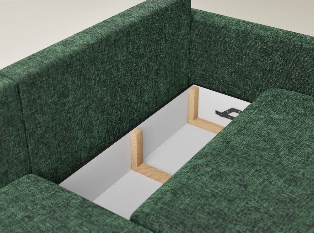 Sötétzöld zsenília kinyitható-tárolóhelyes sarokkanapé (bal oldali-heverő résszel) Leon – Maison de Rêve