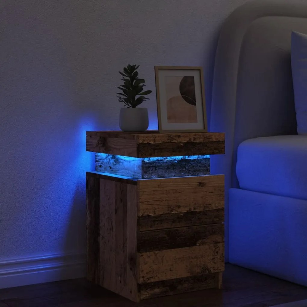 Antik fa színű szerelt fa éjjeliszekrény LED-del 35x39x55 cm