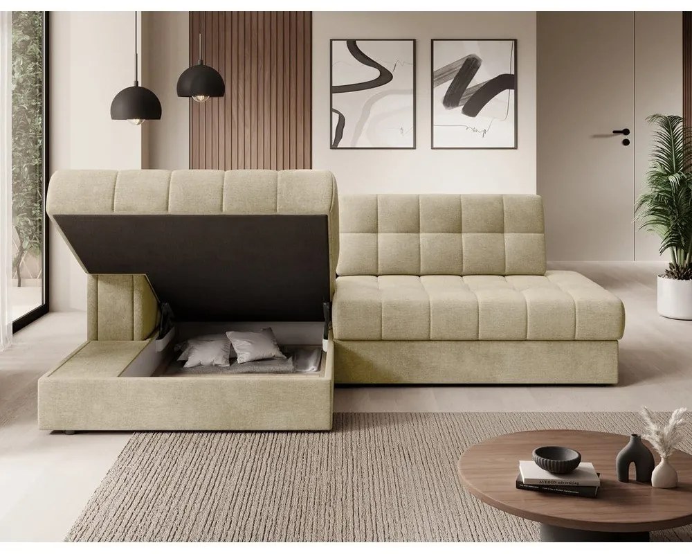 Világosbarna bársony kinyitható sarokkanapé (bal oldali-heverő résszel) Blezalt – ELTAP