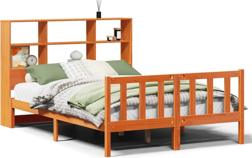 vidaXL barna tömör fenyőfa könyvespolcos ágy matrac nélkül 120 x 190cm