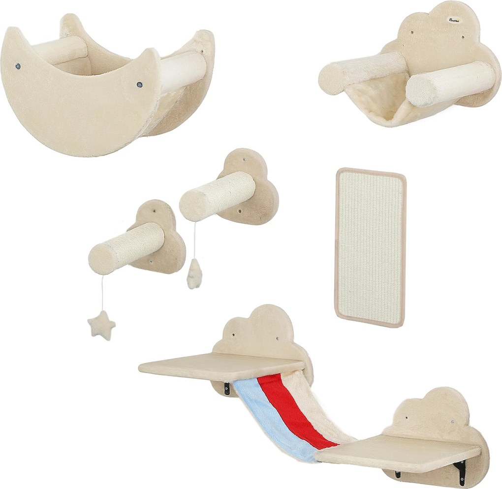 PawHut 6 Részes Fali Mászó Játék Macskáknak Égbolt Téma Fali Polcok Hintaágyakkal, Platformokkal, Lépcsőkkel, Kaparófával és Játéksztárral - Bézs | Ao