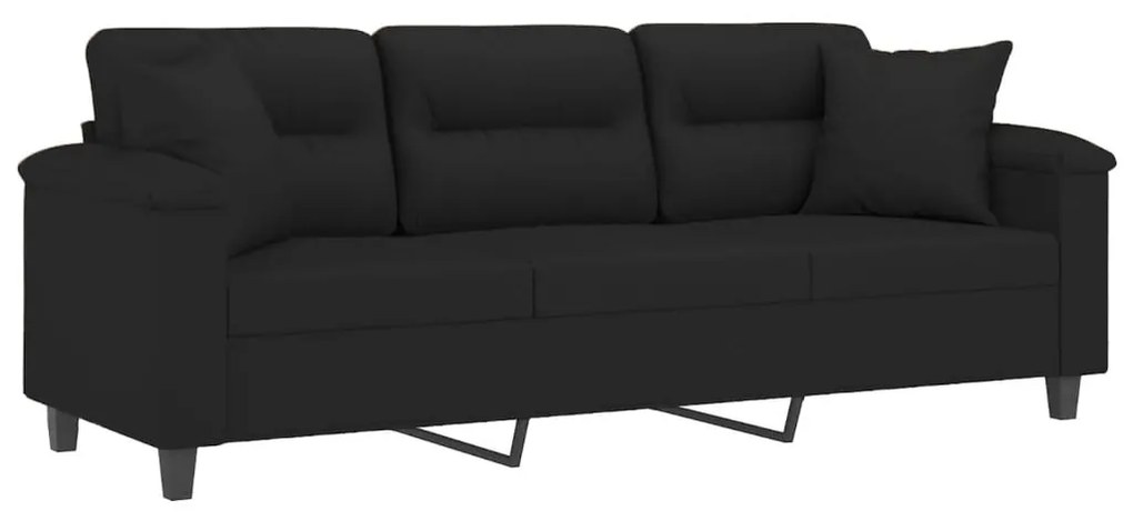 3 személyes fekete mikroszálas szövetkanapé párnákkal 180 cm