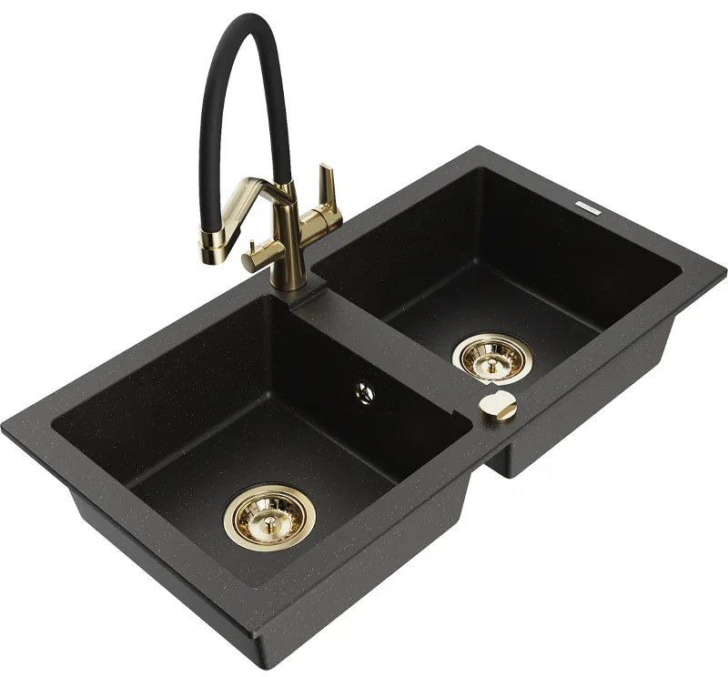 Mexen Mario gránit mosogató 2-medencés konyhai csappal Duo, fekete/arany metál - 6504-75-671701-57-G
