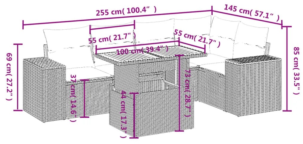 6 részes szürke polyrattan kerti ülőgarnitúra párnákkal