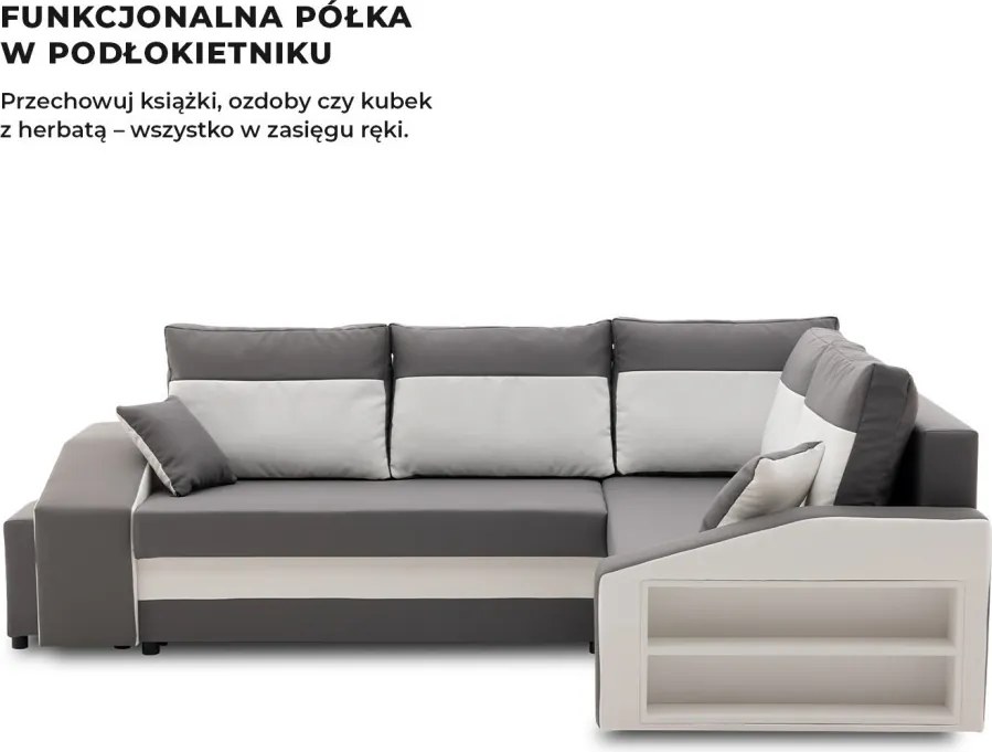 Grande sarokkanapé polcokkal és puffokkal , polc a jobb karfaban puffok a bal karfaban, jobboldali, szövet anyag, bonell töltet, szürke - fehér