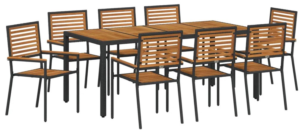9 darabos kerti étkezőszett fekete poli rattan akáciából, Egymásra Rakható Kerti Székek Párnákkal 2 db Fekete Poli Rattan