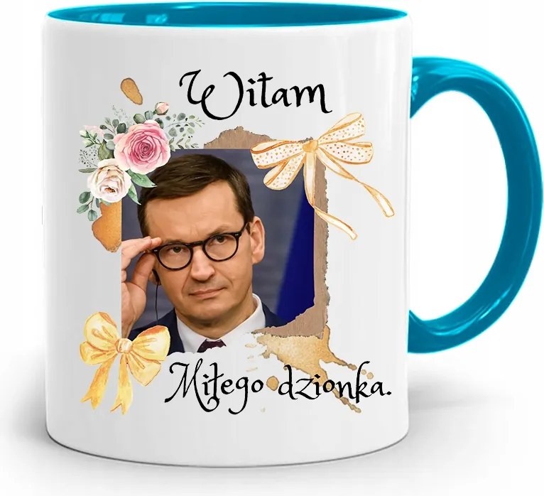 Kék Politikus Bögre Mateusz Morawiecki Miniszterelnök fényképes nyomtatással