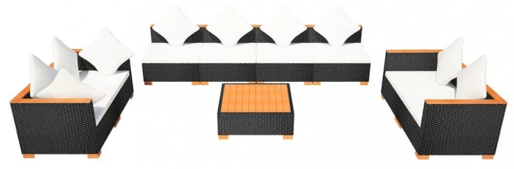 9-részes fekete polyrattan kerti bútorszett párnákkal