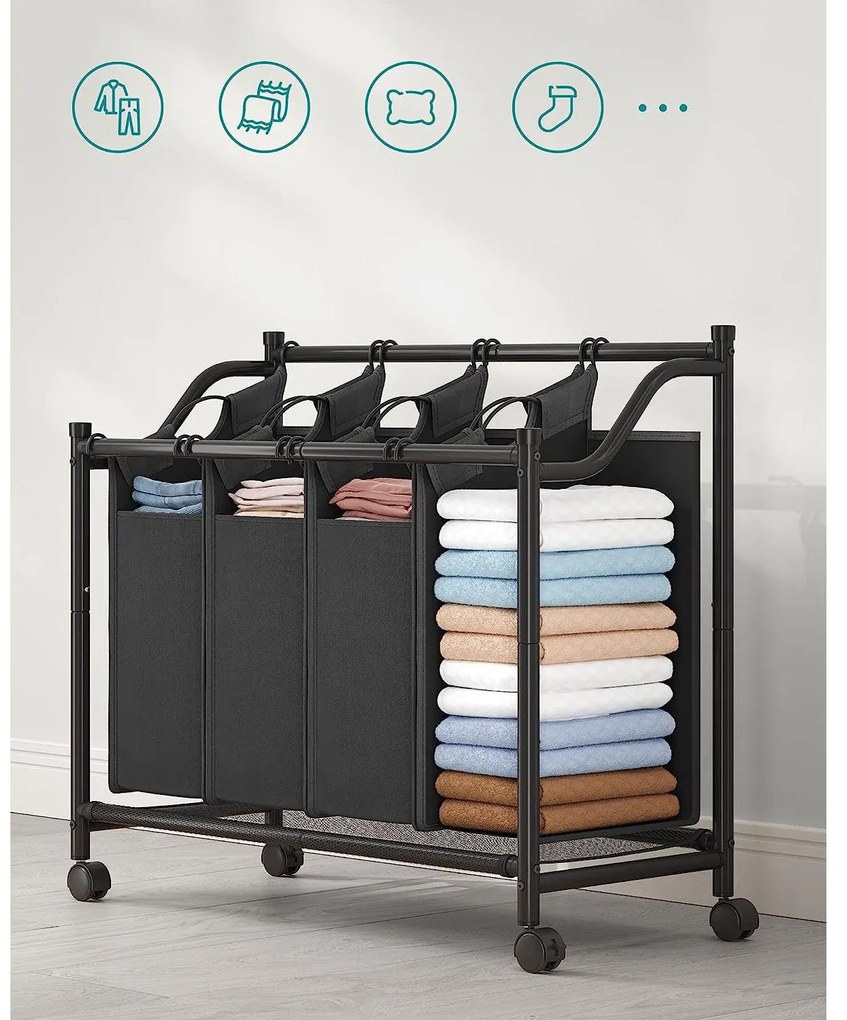 Szennyeskosár görgőkkel 4 x 35L, 4 kivehető táskával, fekete