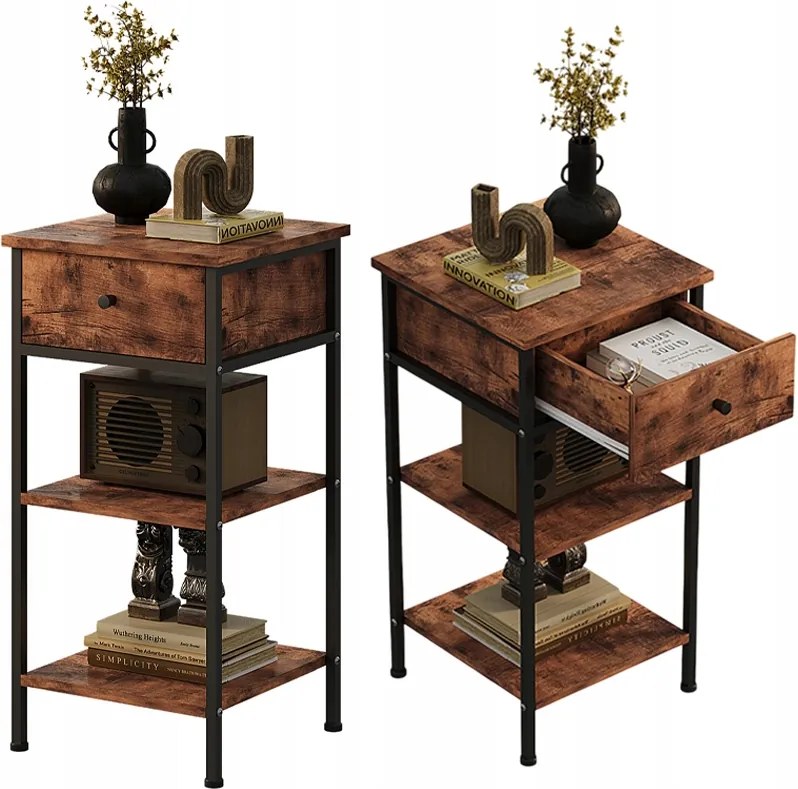 Éjjeli Asztal Komód Szekrény Fiókos Polccal Retro Bronz Ipari Loft