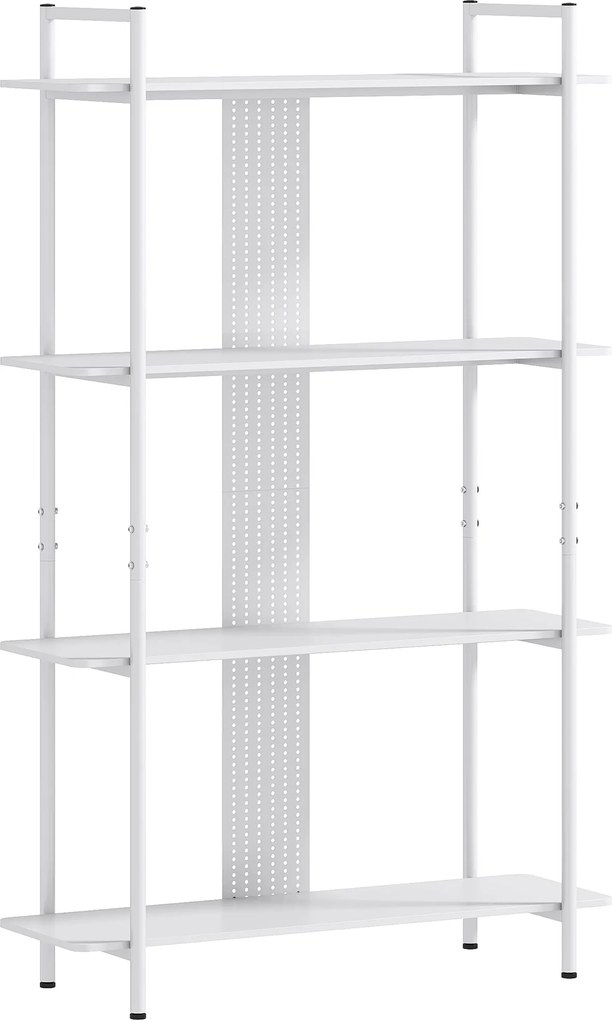 HOMCOM 4-Rétegű Polcos Könyvespolc Lyukacsos Panellel és Fém Vázszerkezettel - Keskeny Polc Nappaliba, Tanulmányba, Hálószobába, Irodába - Fehér | Aos