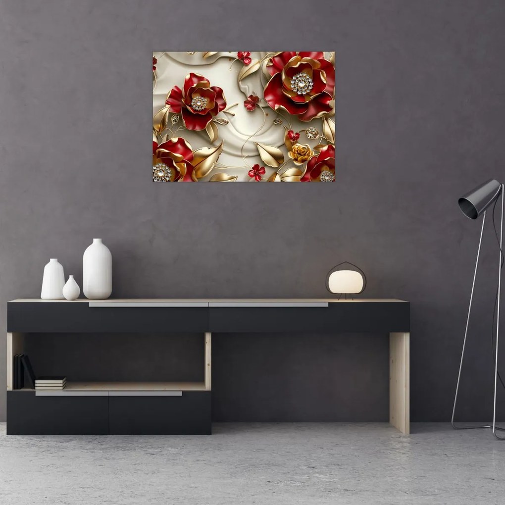 Üveg kép - 3D piros-arany virágok (70x50 cm)