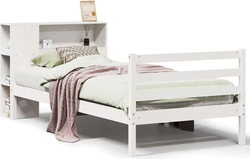 vidaXL fehér tömör fenyőfa könyvespolcos ágy matrac nélkül 75 x 190 cm
