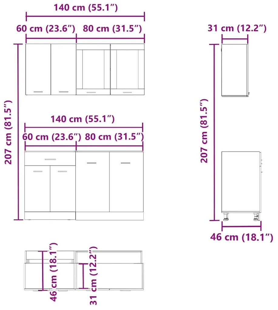 Lyon 4 darabos konyhaszekrény készlet Kézműves tölgy műszaki fa