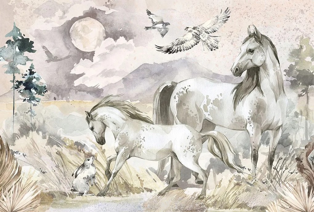 Vinyl flizelin tapéta kislánynak lovak a réten 368x248cm