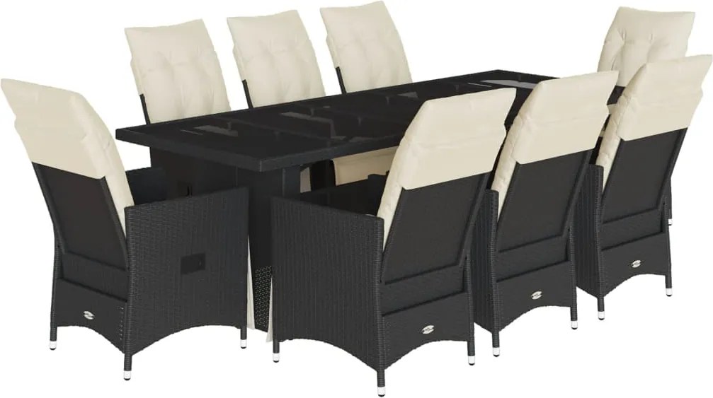 vidaXL 9 részes fekete polyrattan kerti bisztrógarnitúra párnákkal