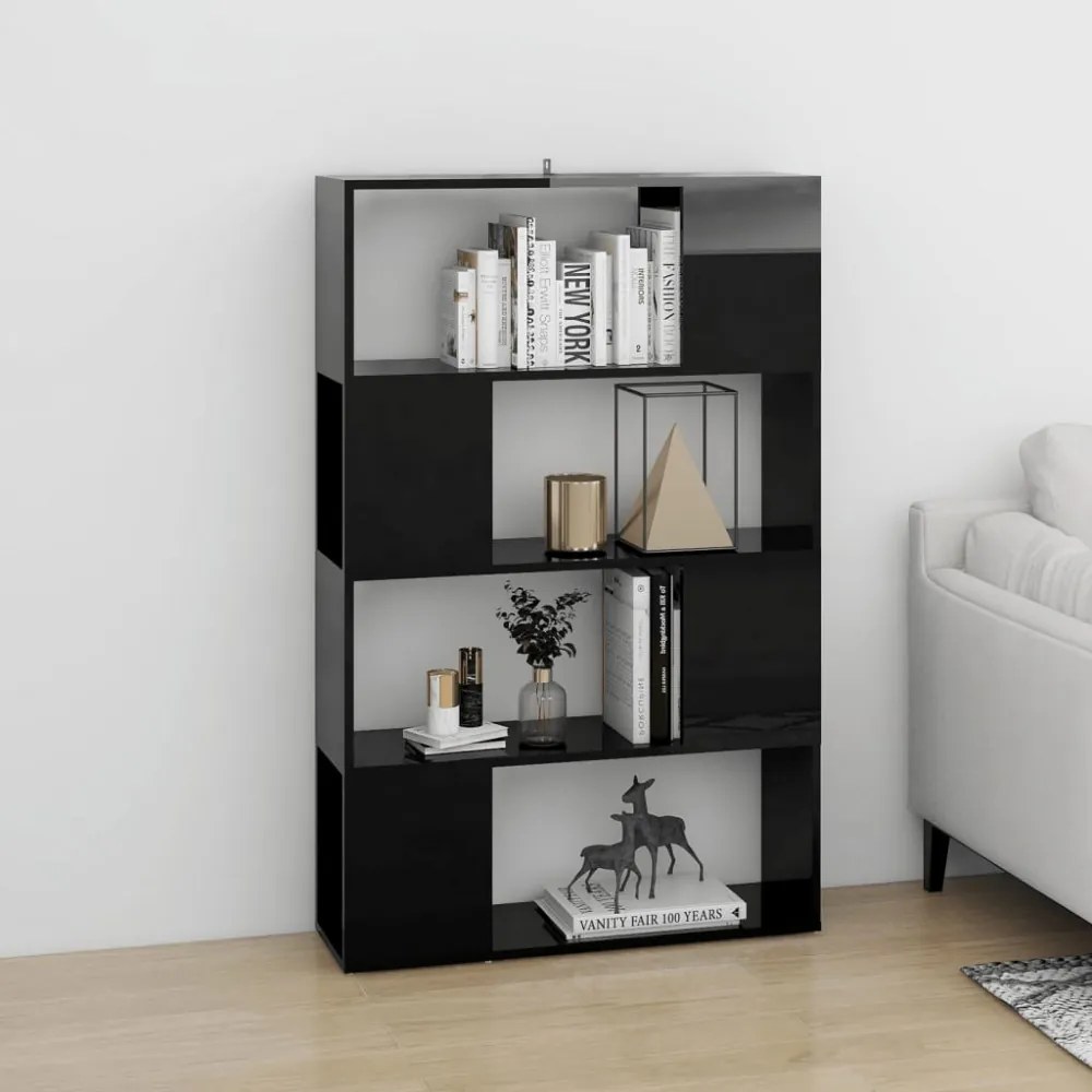 magasfényű fekete térelválasztó könyvszekrény 80x24x124,5 cm