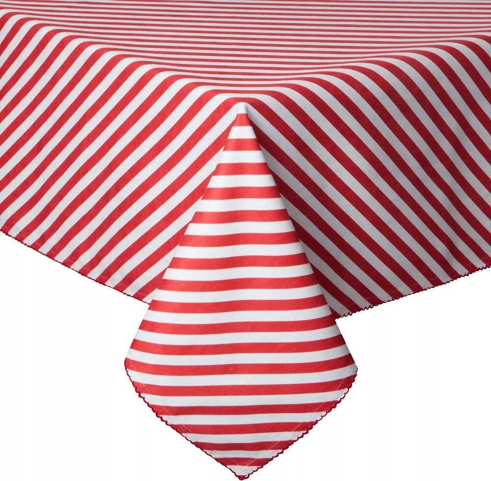 Abrosz 145X280 fehér-piros csíkos, hullámos öltéssel díszített