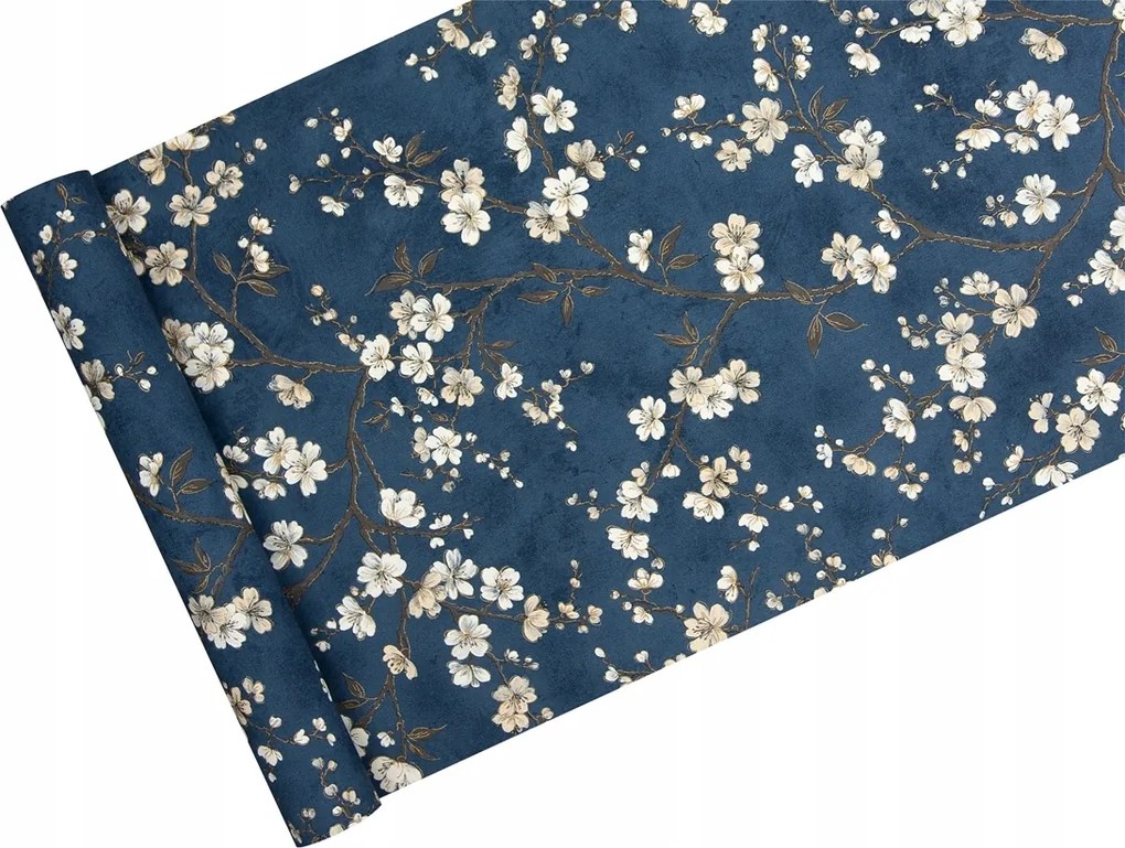 Kék alapon fehér cseresznyevirágos Tapéta