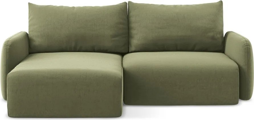 Zöld bársony kinyitható-tárolóhelyes sarokkanapé (bal oldali-heverő résszel) Kalena – Makamii