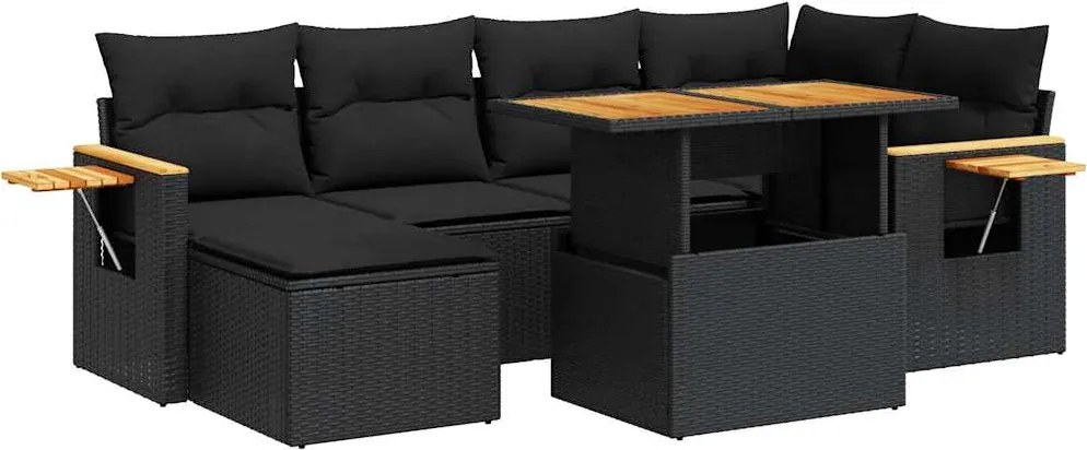 vidaXL 7 részes fekete polyrattan akácfa kerti ülőgarnitúra párnával
