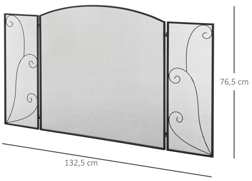 Kandallóvédő rács 3 paneles összecsukható, fém fekete, 132 x 76 cm