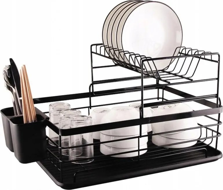 Edényszárító Csepegtető Kétszintes Evőeszköztartó rekesz Fekete