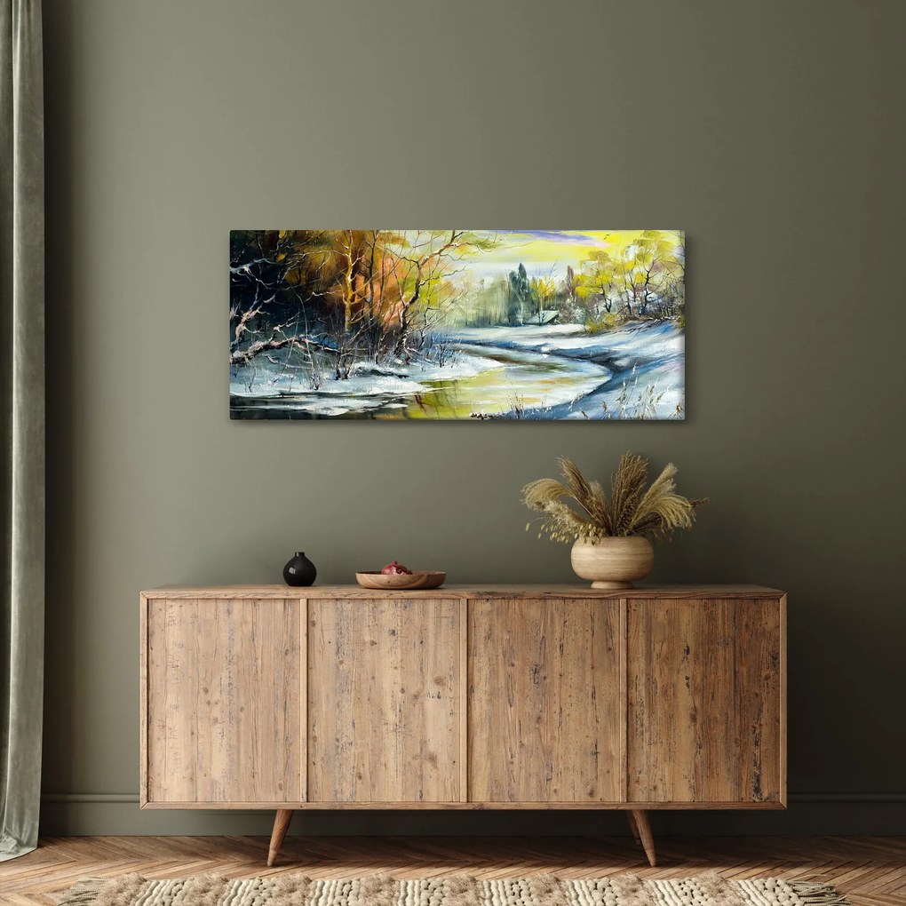 Egy téli folyó képe, olajfestmény (120x50 cm)
