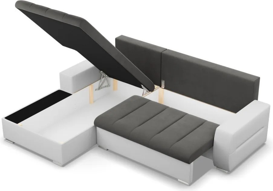 Toronto sarokkanapé, 2 ágyneműtartóval, bársony + műbőr, baloldali, szürke - fehér