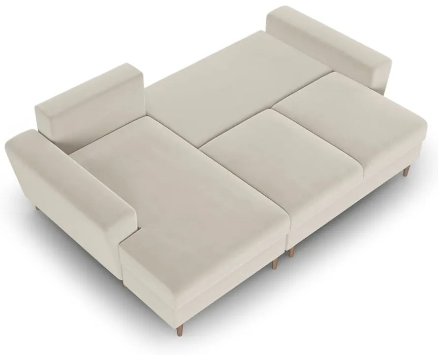 Bézs bársony kinyitható tárolóhelyes sarokkanapé (bal oldali-heverő résszel) Kyoto – Cosmopolitan Design