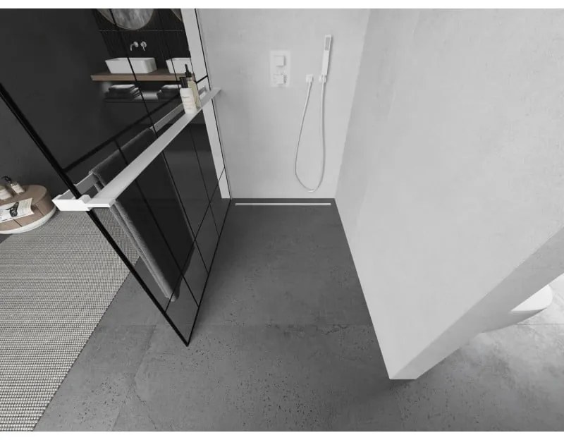 Mexen Kioto+, Walk-In zuhanyparaván polccal és akasztóval 90 x 200 cm, 8 mm átlátszó üveg fekete mintás, fehér profil, 800-090-121-20-78