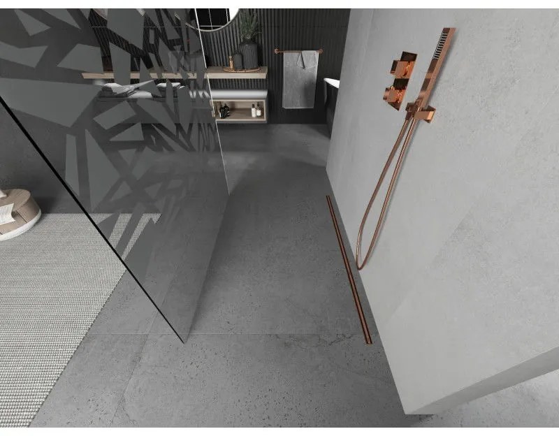 Mexen Kioto, átmenő zuhany paraván 120 x 200 cm, 8mm átlátszó / fehér üvegminta, 2x rose gold stabilizáló távtartó, 800-120-002-60-85