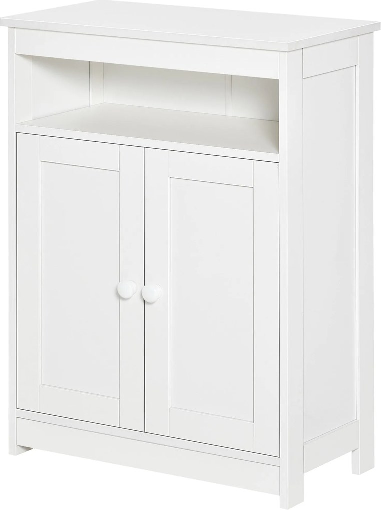 HOMCOM Fürdőszobai Segédszekrény 2 Ajtóval, Állítható Belső Polc és Nyitott Rekesz Fürdőszobai Bútor Nappaliba és Konyhába 60x30x80 cm Fehér | Aosom