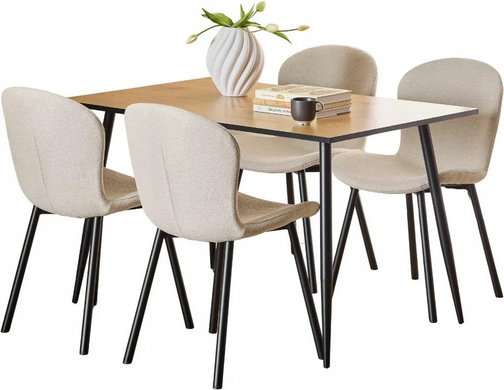 Téglalap alakú asztal vad tölgy színben 4 szék bézs szövettel kárpitozva