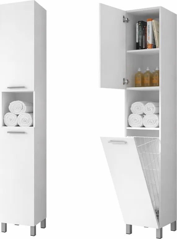 NORMANDIA 30 || Fehér,  fürdőszoba szekrény, szennyestartóval, tárolóval és polcokkal