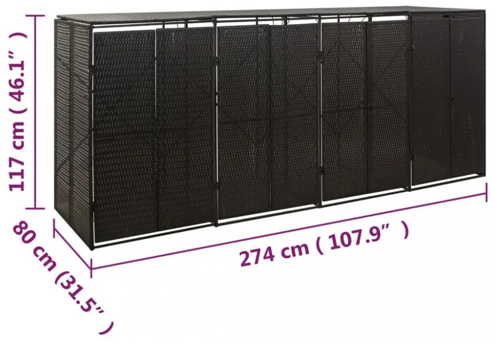 fekete polyrattan négyes kerekeskuka tárolófészer 274x80x117 cm