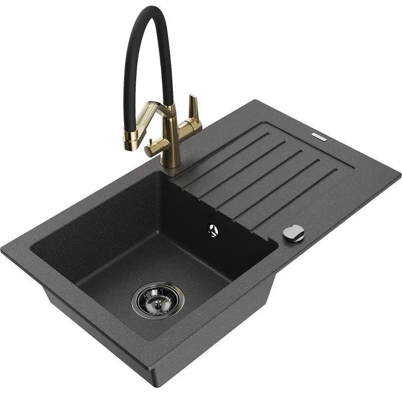 Mexen Pablo 1-medencés gránit mosogató csepegtetővel és Duo konyhai csappal, fekete pöttyös - 6510-76-671701-57-B