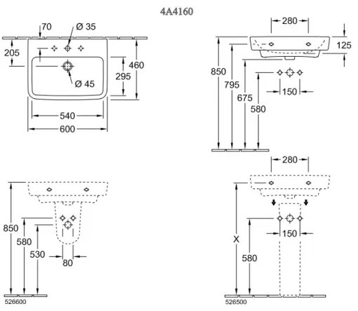Villeroy & Boch 4A416001 - Falra szerelhető mosdó O.NOVO 60x46 cm kerámia/fehér