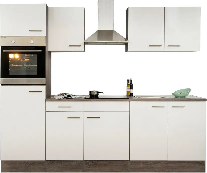 Yorki konyhabútor Yorki tölgy korpusszal, selyemfényű fehér fronttal 270 cm-es méretben