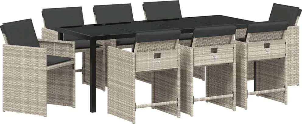 vidaXL Kert étkező szett párnával 9 pcs Világosszürke polirattan