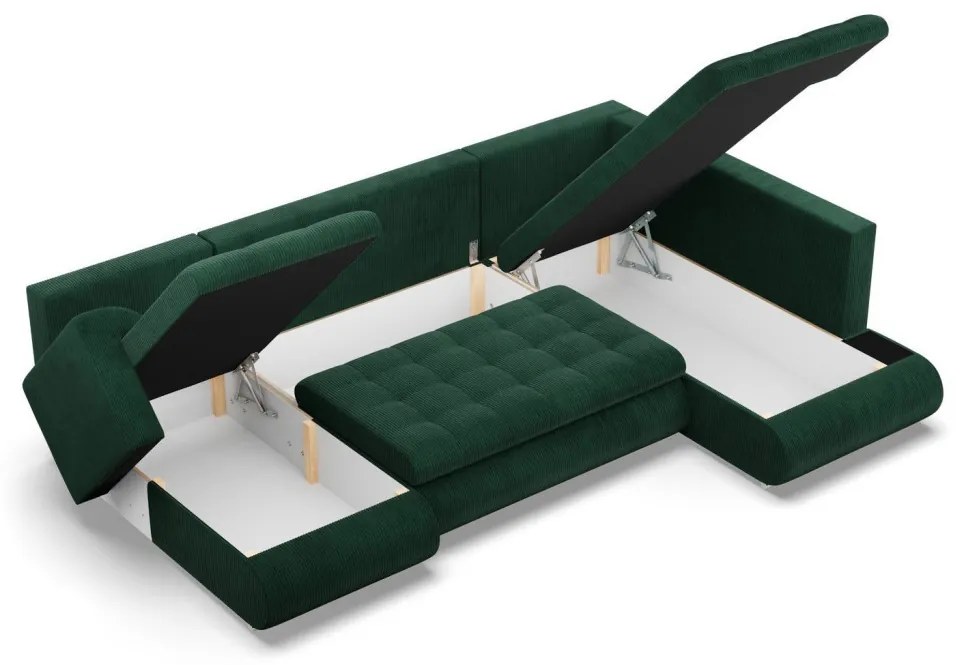 Tokio U sarokkanapé, 3 ágyneműtartóval, kordbársony, jobboldali, zöld